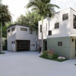 Six in the City development rendering from courtyard driveways shows exterior of home with a modern design